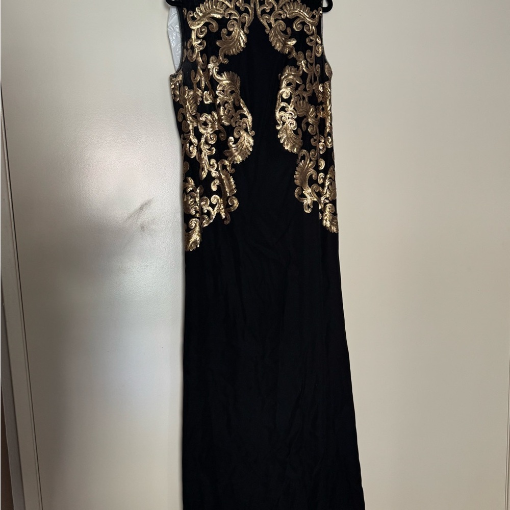 Tadashi Shoji Black and Gold Sleeveless Gown for Cocktail